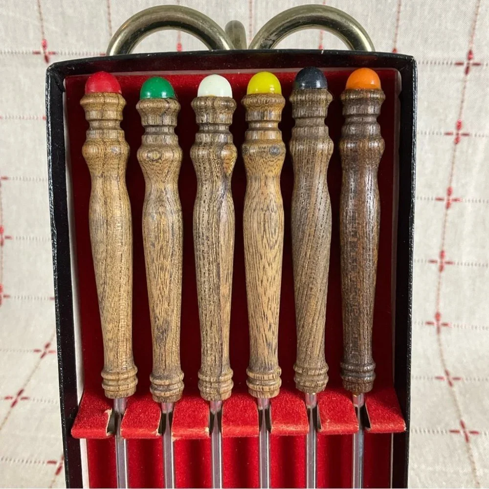 Vtg Japan Styson Fondue Fork Skewers Set Teak Wood Rainbow Ends Colored Ends